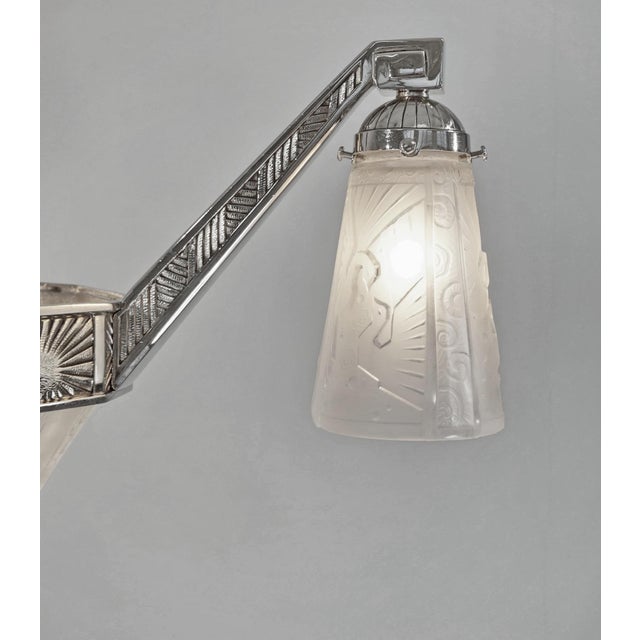 Muller Freres French Art Deco Nickel Bronze Hexagonal Peacock Chandelier - 1930s For Sale - Image 10 of 15
