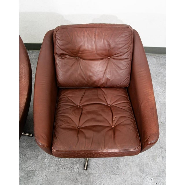 Mid-Century Modern Mid Century Danish Modern Lounge Chairs Swivel Brown Leather Armchair Vintage Vg For Sale - Image 3 of 12