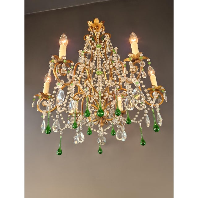 1940s 1940s Italian Rococo Revival Crystal Chandelier With Emerald Green Drops 6 Lights For Sale - Image 5 of 13