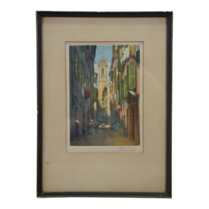 Early 20th Century Victor Valery Signed Rue De La Vieille Ville Nice France Etching 15"