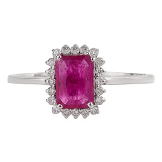 1.05ct Emerald-Cut Ruby & Diamond Halo Engagement Ring Size 5 in 14k Gold For Sale