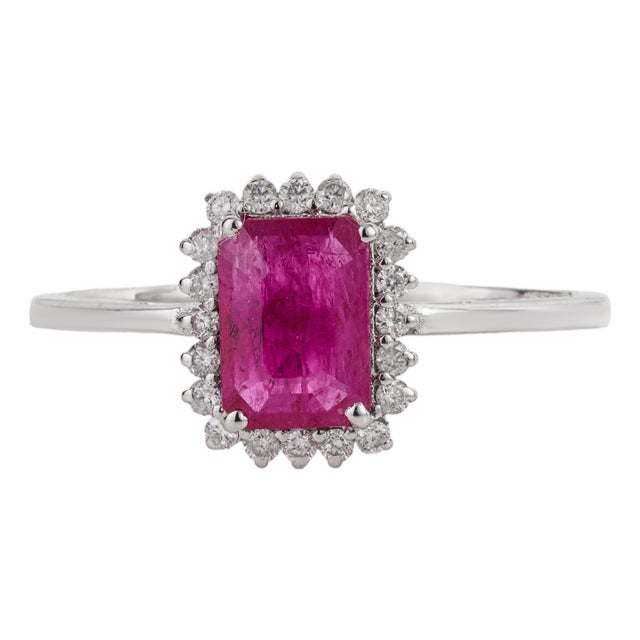 1.05ct Emerald-Cut Ruby & Diamond Halo Engagement Ring Size 5 in 14k Gold For Sale