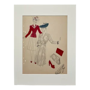 Early 1940s Fashion Study in Red & Green Featuring Handbags, Hats & Shoes