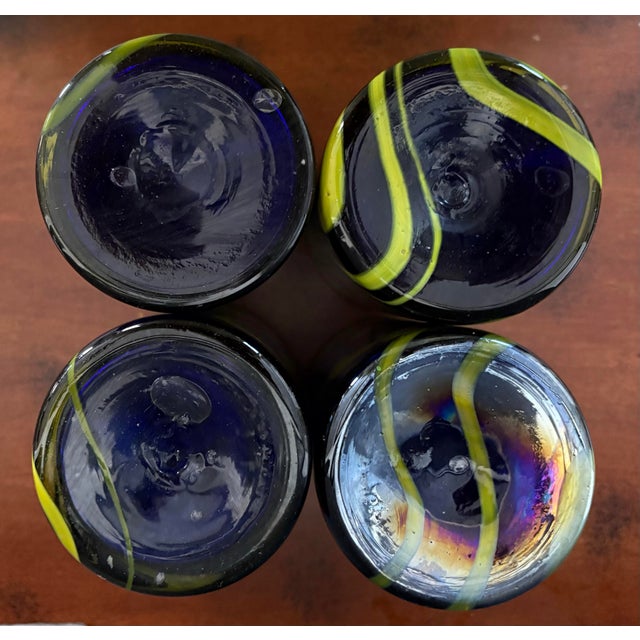 Late 20th Century Hand Blown Glass Tumblers – Set of 4 Cobalt Blue Swirl Cups – Modern Studio Art Glass Drinkware For Sale - Image 9 of 9