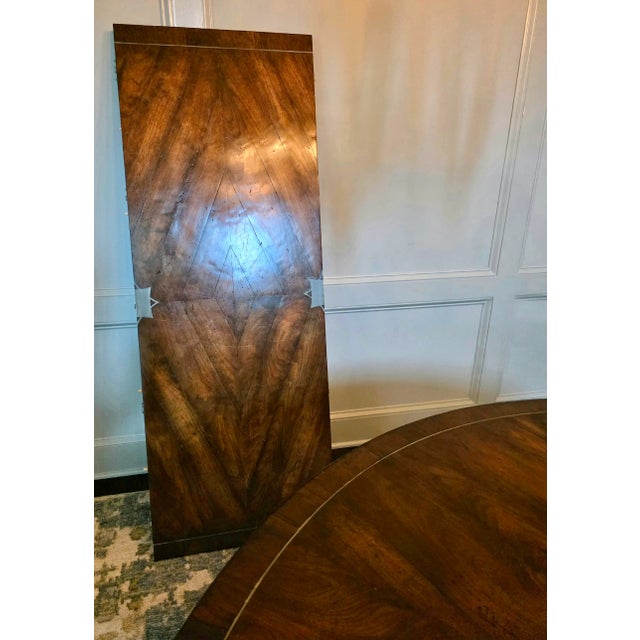 Brown Expanding Walnut Dining Table With Brass Inlay For Sale - Image 8 of 9