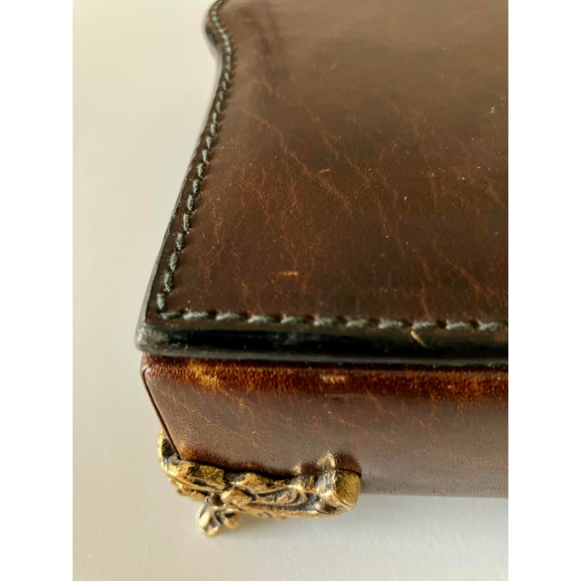 Vintage Italian Florentine Tooled Leather Valet Jewelry Box With Ornate Brass Feet For Sale - Image 11 of 18