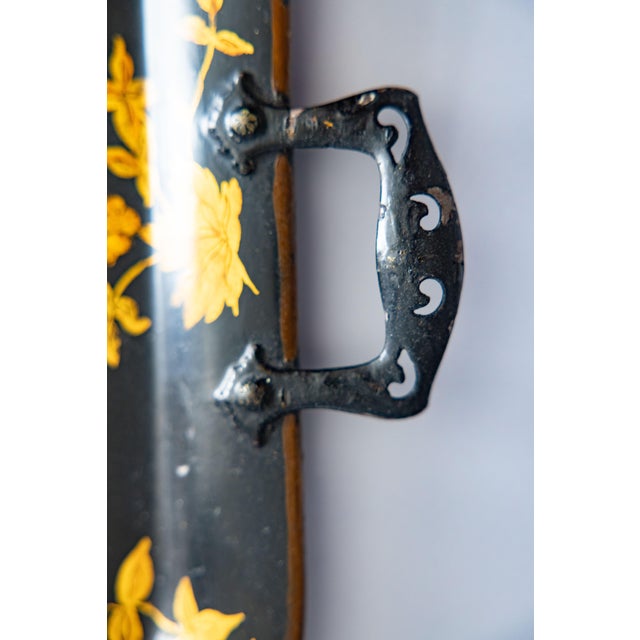 Antique English Chinoiserie Hand Painted Black & Gilt Birds Floral Tole Tray For Sale - Image 4 of 8