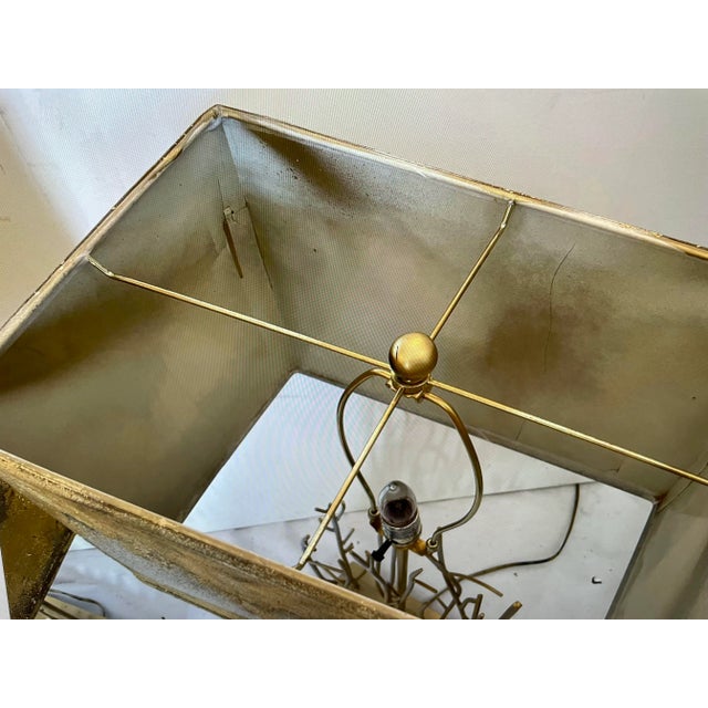 Modern Vintage 1970s Modern Tropical Bamboo Gilt Metal Gilt Linen Table Lamp For Sale - Image 3 of 11