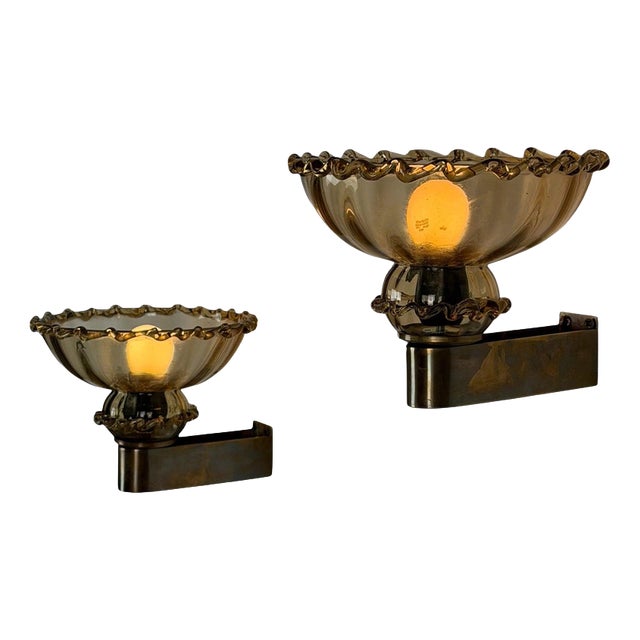 Art Deco Amber Murano Glass Sconces by Aureliano Toso for Toso, 1940s, Set of 2 For Sale