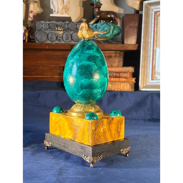 Empire Style Faux Malachite & Sienna Marble Decorative Egg Table Article With Gilt Bronze Doves For Sale In Palm Springs - Image 6 of 14