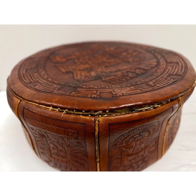 Vintage Peruvian Hand-Tooled Leather Ottoman For Sale - Image 15 of 17