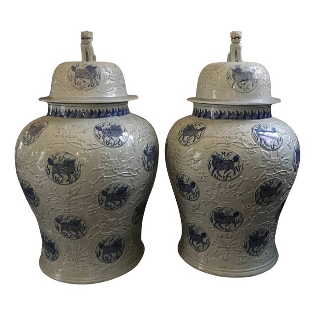 Porcelain Blue and White Giant Jar Vases, Set of 2 For Sale