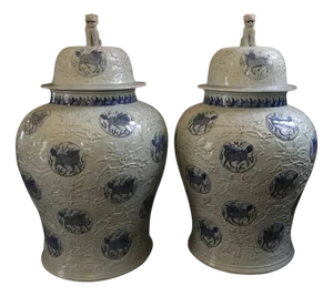 Porcelain Blue and White Giant Jar Vases, Set of 2