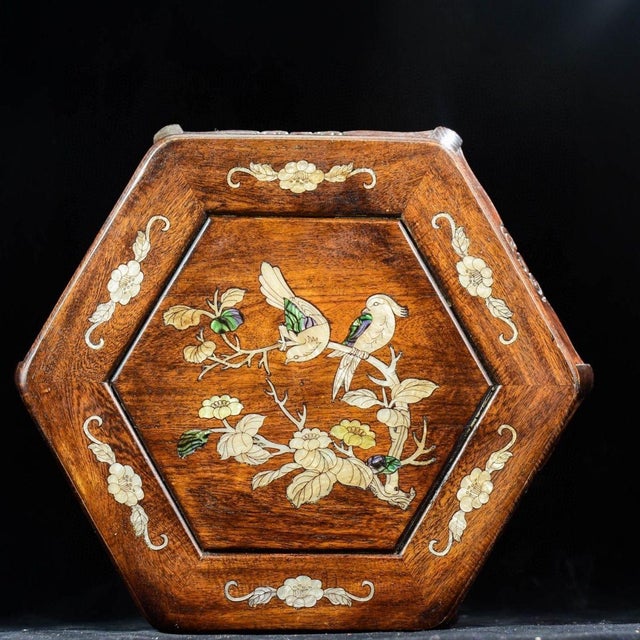 Wood Vintage Chinese Rosewood Hexagonal Stool / Mother of Pearl Inlay Plant Stand For Sale - Image 7 of 9