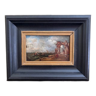 Antique Italian Capriccio Framed Oil Painting of Landscape With Ruins Attributed to Francesco Guardi For Sale
