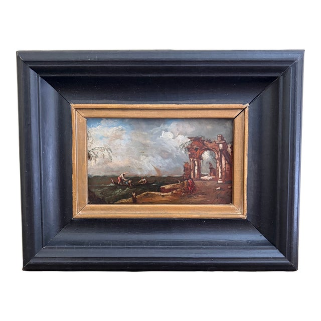 Antique Italian Capriccio Framed Oil Painting of Landscape With Ruins Attributed to Francesco Guardi For Sale