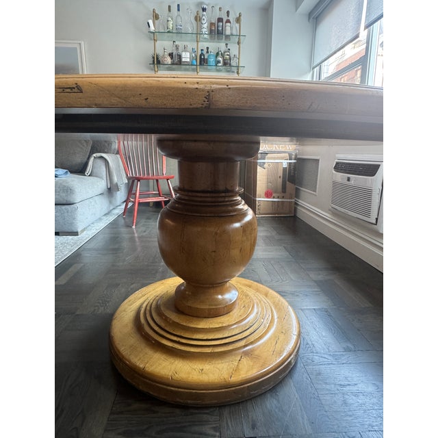 Beautiful custom-made round dining table with a solid wood pedestal base and plank-style top. Style: Farmhouse /...