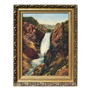 Yellowstone Falls Landscape - Original Turn of the Century Oil Painting For Sale