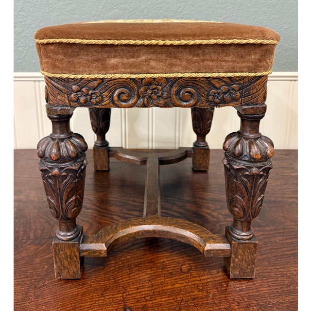 Antique English Jacobean Upholstered Bench Stool Carved Oak C. 1930s For Sale - Image 16 of 16