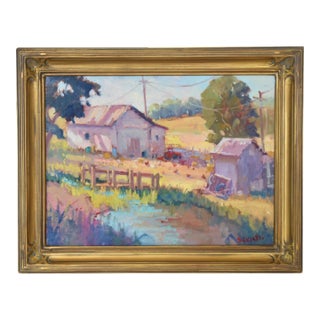 Silvio Silvestri, Listed Artist (1948-2018) Grass Valley Farm With Pond Landscape Painting Including the Ornate Antique Gold Frame For Sale