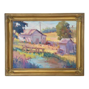 Silvio Silvestri, Listed Artist (1948-2018) Grass Valley Farm With Pond Landscape Painting Including the Ornate Antique Gold Frame
