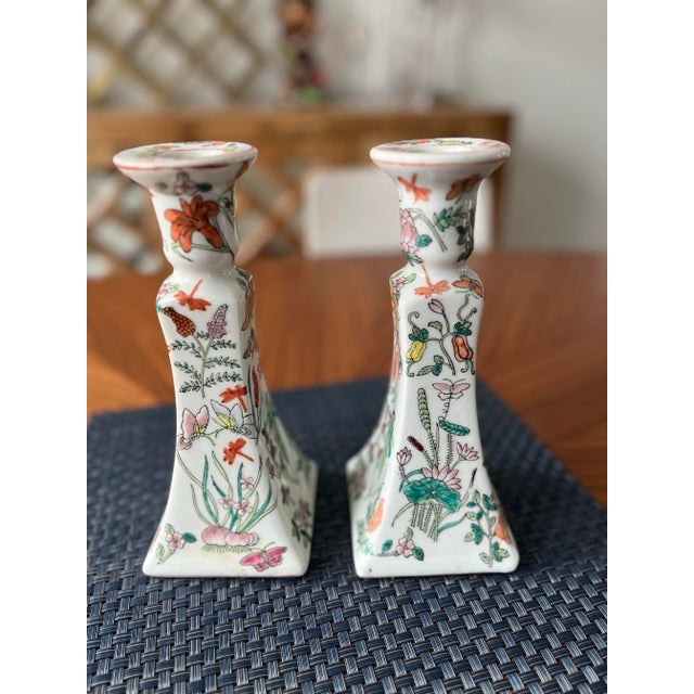 1970s Tall Hand-Painted Chinoiserie Candlestick Holders-Set of 2 For Sale - Image 4 of 8