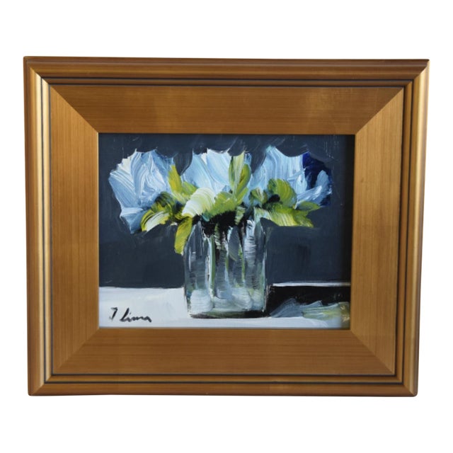 Soft Blue Bouquet of Flowers Oil Painting Including the Antiqued Gold Wood Frame For Sale