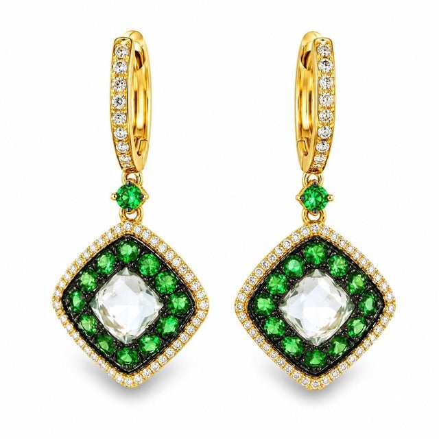 Mid 20th Century 14k Yellow Gold Green Amethyst Diamond Tsavorite Drop Dangle Earrings, Pair For Sale - Image 4 of 4