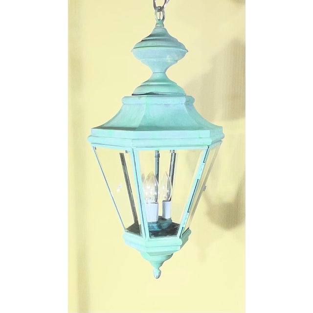 Vintage Solid Brass Hanging Lantern Hexagonal 3-Light Pendant With Verdigris For Sale - Image 11 of 14