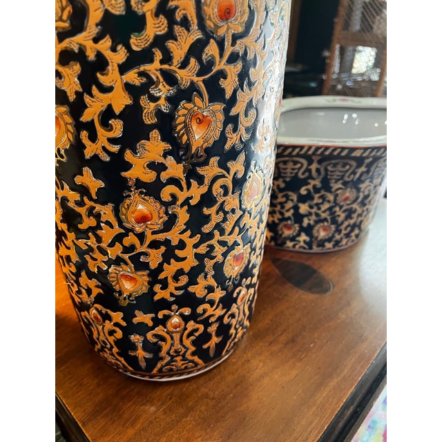 Asian 1970s Set of 2, Asian Inspired Peacock Design Umbrella Stand and Vase For Sale - Image 3 of 12