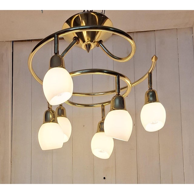 1990s Vintage Ceiling Lamp with Spiral Brass Frame and 6 Opaque White Glass Shades, 1990s For Sale - Image 5 of 7