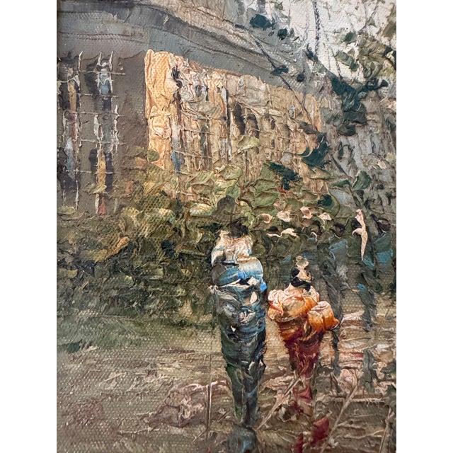 A richly textured vintage oil painting depicting a lively European street scene, rendered in expressive impasto technique...