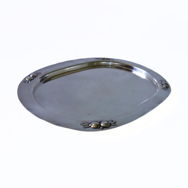 Small Silver Plated Oval Tray with Embossed Flower Pattern, Sweden For Sale - Image 3 of 5