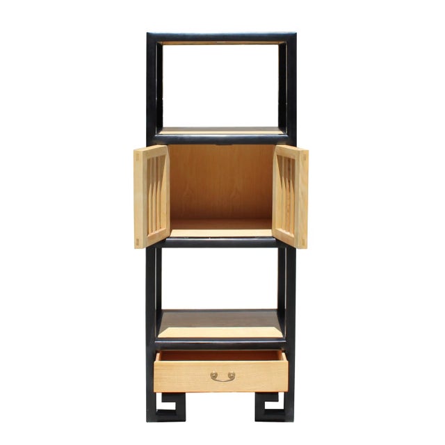 Contemporary Oriental Black Rim Natural Wood Narrow Storage Display Bookcase Cabinet For Sale - Image 3 of 8