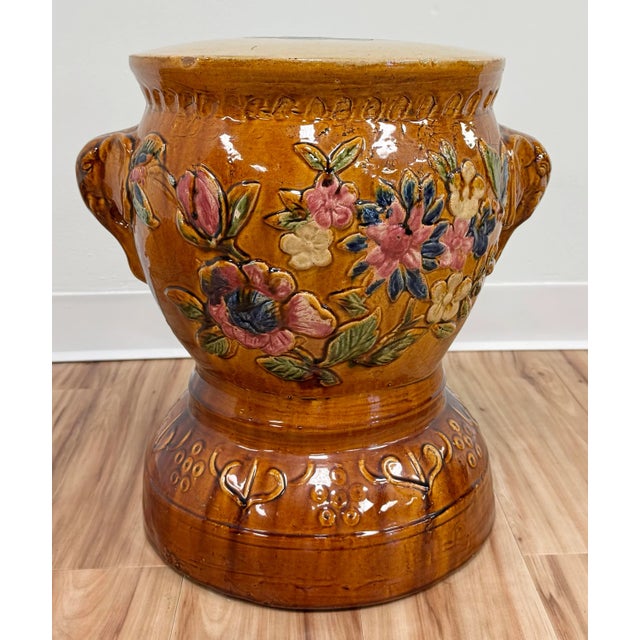 Unique vintage ceramic garden stool featuring vibrant drip painted colors with a Majolica style floral design. Asian...