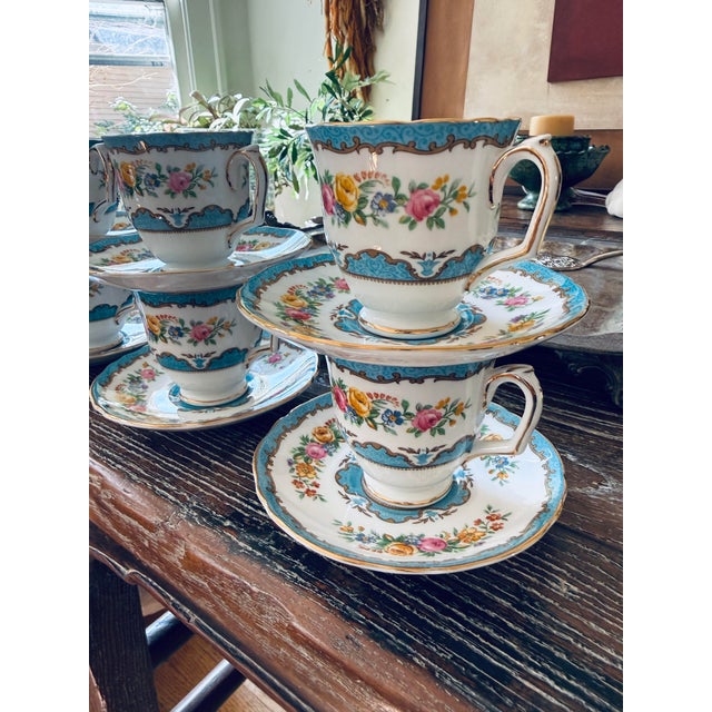 Crown Staffordshire Vintage Crown Staffordshire Lyric Tunis Blue Fine Bone China – 6 Small Teacups & Saucers – 12 Piece Set – England For Sale - Image 4 of 12