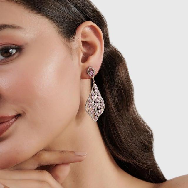 Pink Sparkling Elegant 5.07 TCW Pink Sapphire & Diamond Partywear Dangle Earrings, 2 Pieces For Sale - Image 8 of 13