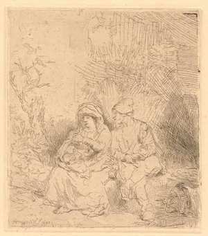 "Rest on the Flight" Old Master Print After Rembrandt Mid 20th Century