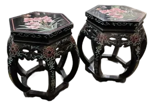 Chinese Black Lacquer Side Table Stool Hand Painted
