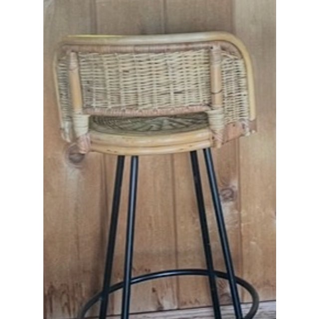 4 1960s Wicker/Bamboo/Wrought Iron Swivel Stools For Sale - Image 12 of 15