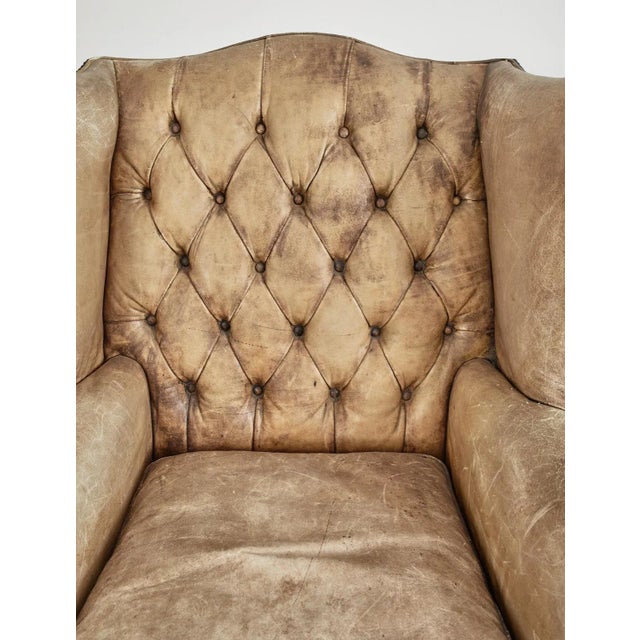 Pair of English Georgian Cigar Leather Wingback Library Chairs For Sale - Image 4 of 13