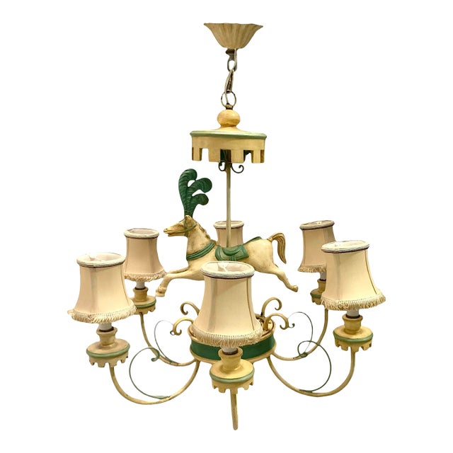 Mid 20 Century Chandelier Carousel Horse 6 Arms Light Fixture Vintage French Whimsical Decor For Sale