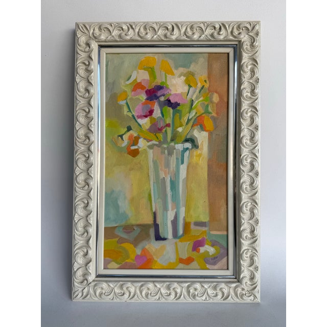 Textile Vintage Midcentury Cubist Oil on Canvas Flowers Painting For Sale - Image 7 of 11