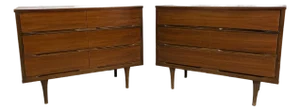 Mid 20th Century Walnut Sculpted Pull Three Drawer Dresser Pair