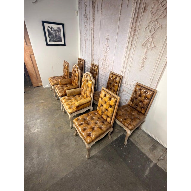 Set of 8 French Louis XV Dining Chairs, Leather Tufted, 1960s For Sale - Image 12 of 18