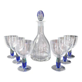 Art Nouveau Style Wine Glasses and Decanter, 1965, Set of 7 For Sale