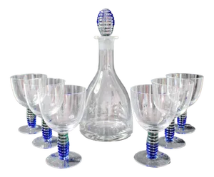 Art Nouveau Style Wine Glasses and Decanter, 1965, Set of 7