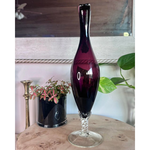 Amethyst Vintage Hand Blown Italian Empoli Amethyst Art Glass Pitcher With Twisted Handle For Sale - Image 8 of 8