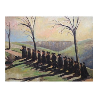 Mid 20th Century Modernist Dark Procession Landscape Painting For Sale