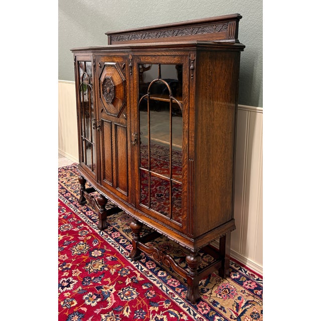 Antique English Jacobean Bookcase Bow Front Cabinet Triple Door Oak C1930s For Sale - Image 13 of 18